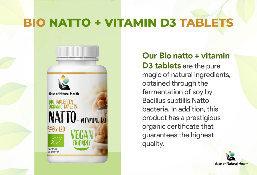 BIO Natto + Vitamine D3 Tabletten 1000 mg - 80 pieces-  Hoge Dosis Vitaminen en Mineralen - Voedingssupplement - Vitamine K2 - Biologische Gedroogde Natto - Vitamine D Volwassenen - Optimaal Gedoseerd